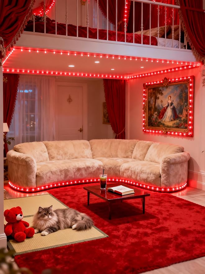 20 FT Red Led Lights Strip for Bedroom Home Party Office Rope Lights Tape Light Easy DIY Cuttable Strip Lights for Baby Room Bathroom Living Room Ceiling Wall Vanity Mirror