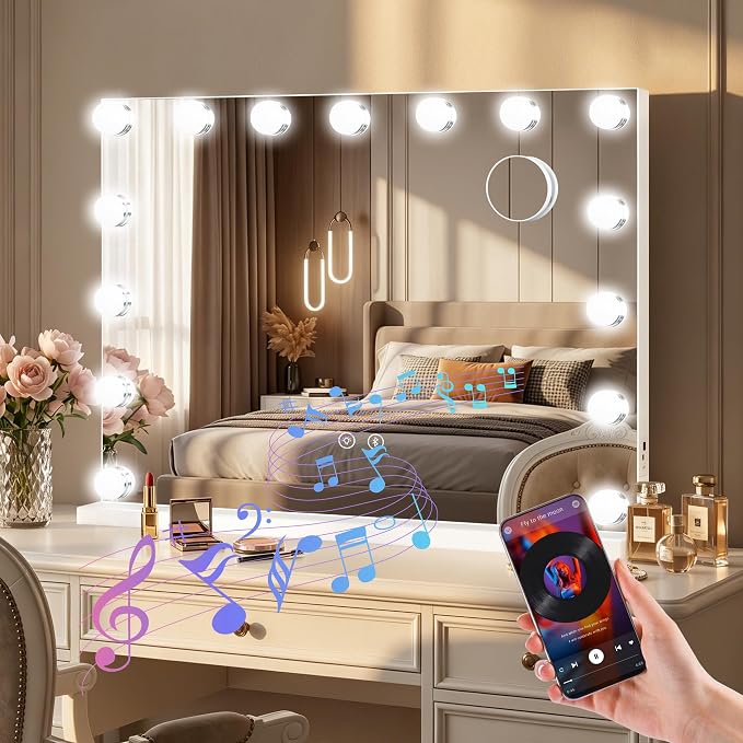 Moonee Vanity Mirror with Lights, Bluetooth Hollywood Lighted Makeup Mirror with 15 Dimmable Bulbs and 10X Magnification, 3 Colors Modes, Light Up Mirror, Gifts for Women, Girls(23" x 18")