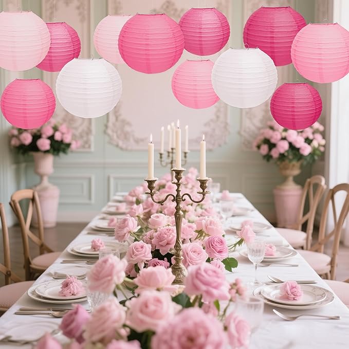12 Pcs Pink Paper Lanterns 10" Hanging Valentines Paper Lanterns Pink Party Decorations for Valentine's Day Party Decorations Wedding Birthday Engagement Bridal Showers Galentines Day Decor