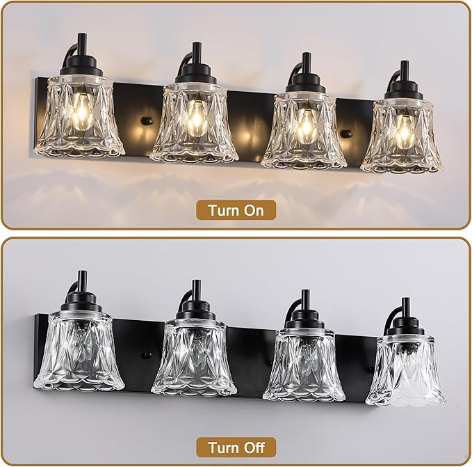 Black Bathroom Vanity Light Fixture, Bathroom Light Fixtures Over Mirror, 4 Lights Black Bathrooms Lighting,Matte Antique Finish with Crystal Glass Shade, Vintage Vanity Light for Bathrooms