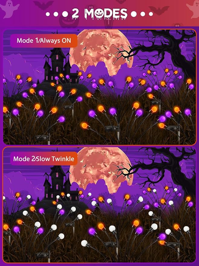 Halloween Decorations Outdoor Solar Firefly Lights 6 Pack Orange Purple | 2 Lighting Modes, Auto On/Off, 48 LED Sway with Wind, Waterproof Halloween Cpreepy Decor for Outside Graveyard Garden Pathway