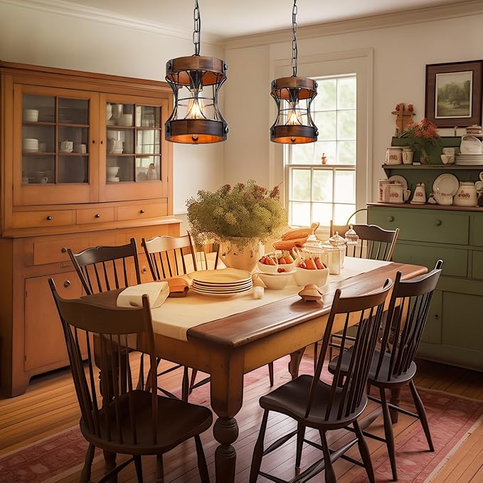 Rustic Chandelier, Modern Farmhouse Chandeliers for Dining Room, Wood Pendant Lights for Kitchen Island Foyer Hallway Bar, 1-Light Retro Rustic Light Fixtures for All Ceilings D 7.5" x H 8.8"