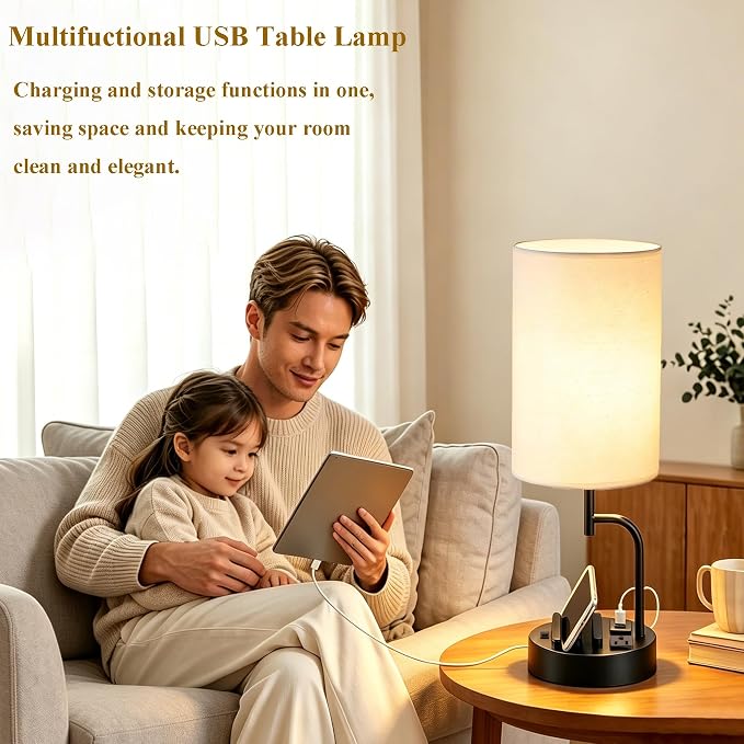 Dreamholder 2 Pack Table Lamp, Bedside Lamp with 3 USB Charging Ports & AC Outlet, USB Desk Lamp with 2 Phone Holders, Linen Fabric Shade Nightstand Lamps for Bedroom Living Room Office, Black