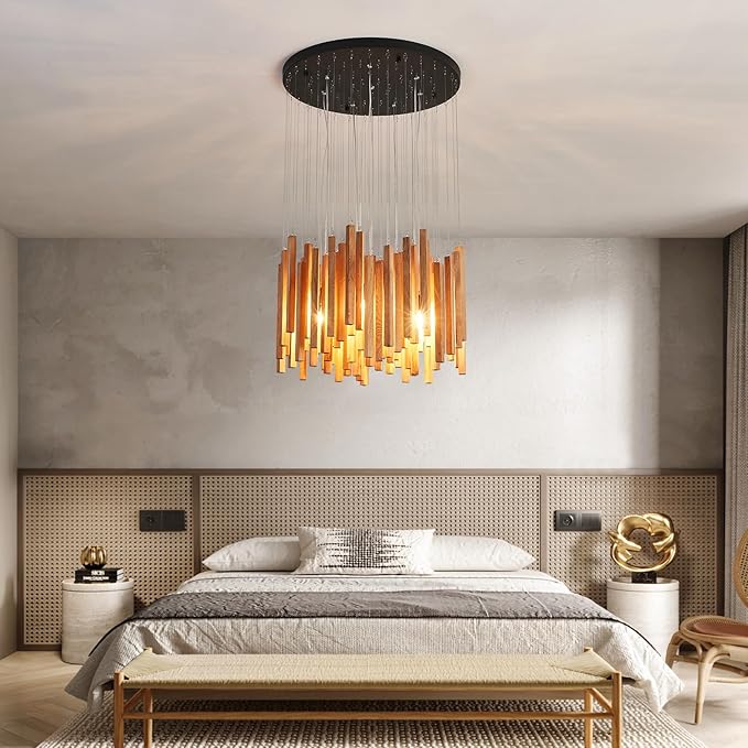 8 Light Farmhouse Wood High Ceiling Chandelier Rustic Large Ceiling Light Fixture Hanging Pendat Light for Dining Room Living Room Foyer Staircases Kitchen Island.