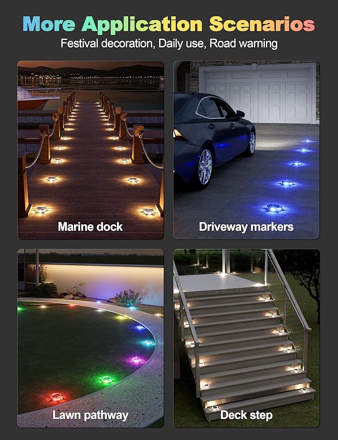 VOLISUN Solar Driveway Dock Deck Markers Marine Lights 4 Pack,9 Colors in 1 Led IP67 Waterproof Outdoor Warning Step Lights for Driveway Sidewalk Walkway Pathway RGB
