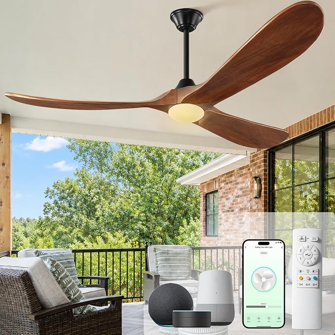 Outdoor Ceiling Fans with Lights-Glass Lamp, 60 inch Smart Ceiling Fan with WIFI Alexa and App Remote Control, Damp Rated Wood Propeller Blades for Patios & Porch, 3 Blades, High CFM 6 Speed, Walnut
