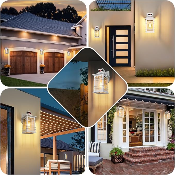 Motion Sensor Outside Wall Lantern Waterproof, White Dusk Dawn Outdoor Lighting Wall Mount with Tempered Glass, Modern Anti-Rust Motion Porch Light Fixture for Hallway Entryway Doorway
