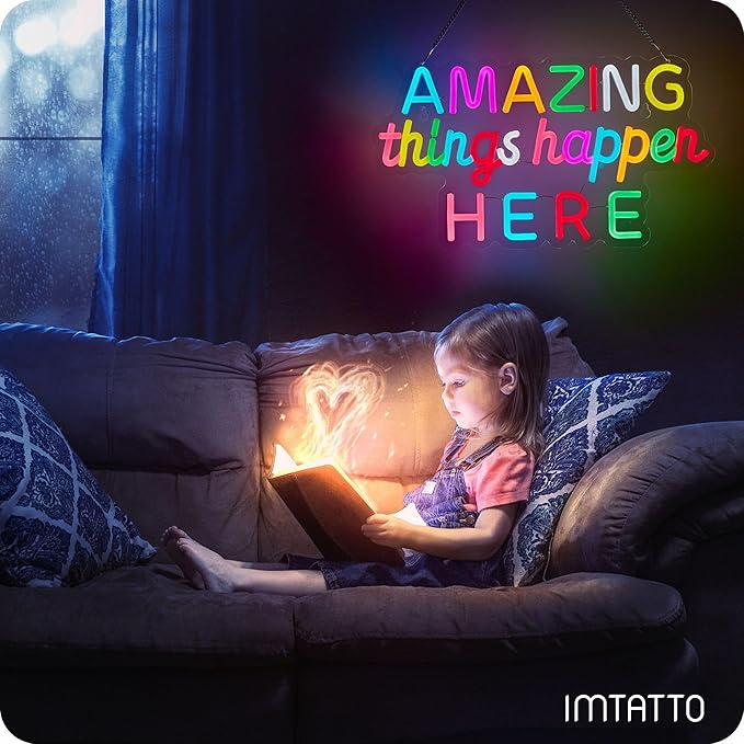 Amazing Things Happen Here Neon Sign, Positive Affirmation LED Light for Wall Decor Multicolored Light Up Signs for Classroom Kindergarten Wedding Party Store Home, Compatible with Timer