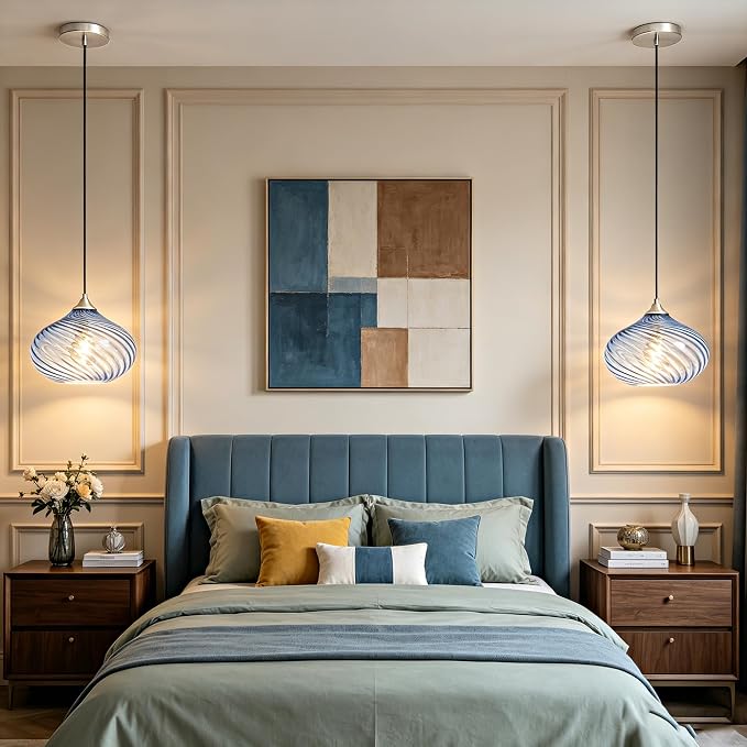11in Brushed Nickel Pendant Lights Kitchen Island with Blue Glass Shade 1PC | Handcrafted Glass Pendant Light Fixtures, UL Certified, E26 Base 100W Max, Height-Adjustable, Dimmable Hanging Pendant Light