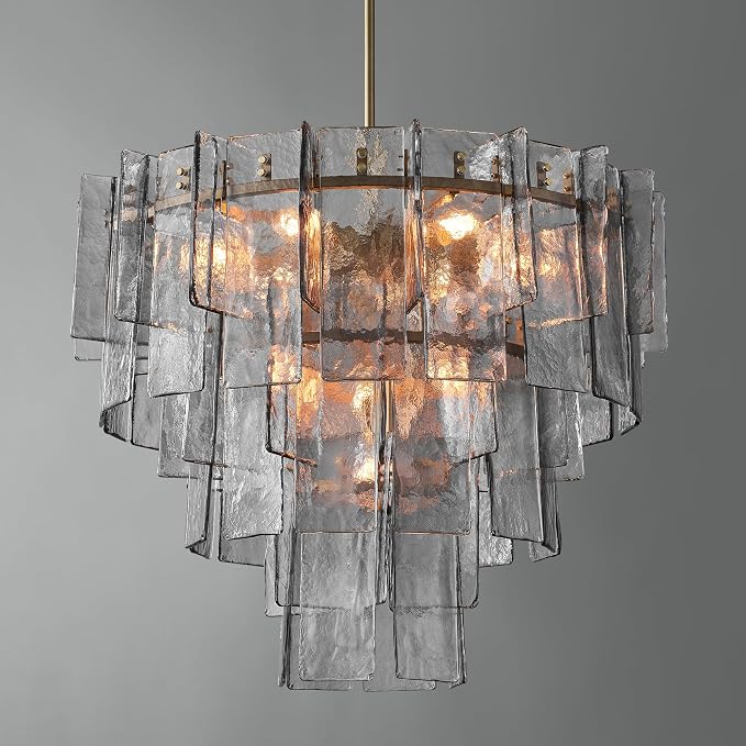 36" Extra Large Tiered Smoked Clear Textured Glass Chandelier, 10-Light Modern Pendant Lighting with E26 Sockets, 56" Adjustable Rods, Ceiling Fixture for Dining Room, Living Room, Foyer (Gold)