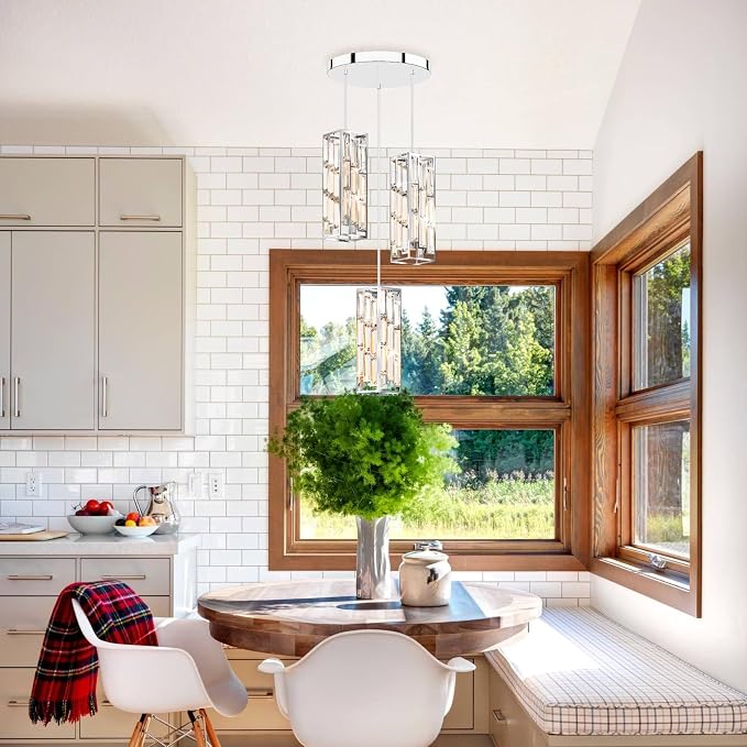 Modern 3-Light Crystal Pendant Light Fixture Kitchen Island, Chrome | Mini Crystal Chandeliers, Height Adjustable Cord, Ceiling Hanging Lighting for Kitchen Island Dining Room Bedroom