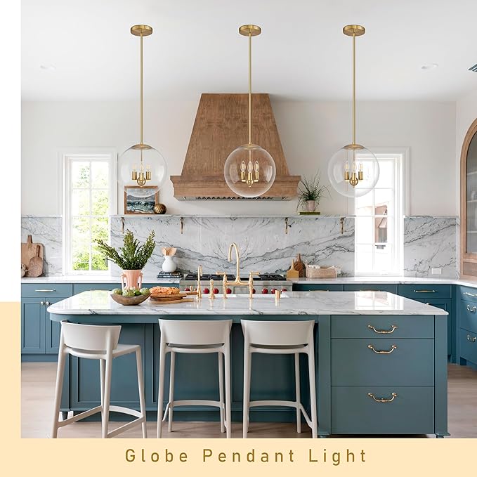 14" Globe Pendant Light Contemporary Globe Pendant Lights Kitchen Island 3 Light Gold Mid Century Pendant Light Clear Glass with Brass Finish Adjustable Hanging Light Fixture for Dining Room