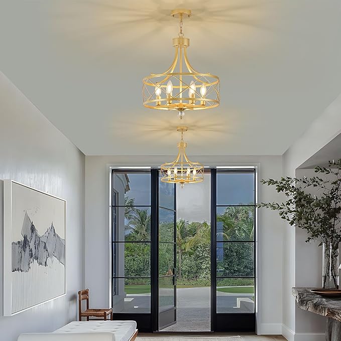 6-Light Chandelier,17.5in Gold Metal Farmhouse Lantern Pendant Light Fixture,Adjustable Hanging Ceiling Lamp,for Kitchen Island,Bedroom,Entryway,Dining Room