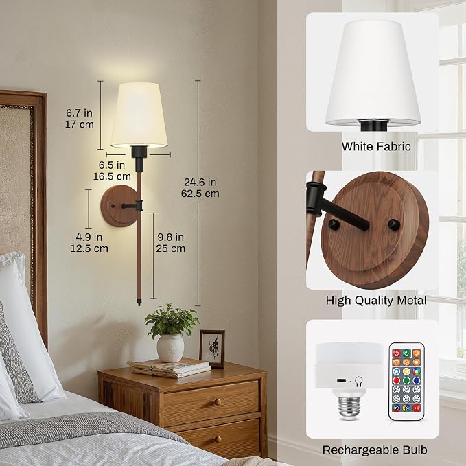 Battery Operated Wall Sconce: Set of 2 Wireless Wall Light 12000mAh | 15 Color Rechargeable Wall Sconces, Sconce Wall Decor Set of 2 for Bedroom, Living Room, Gold, 24.6in