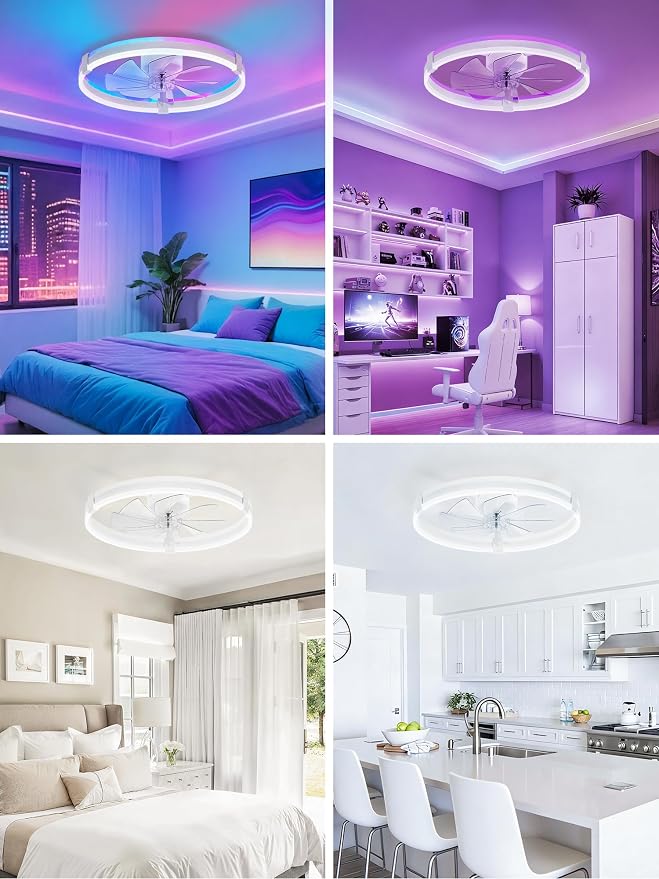 ZMISHIBO 23" RGB Low Profile Ceiling Fans with Lights and Remote, White | Custom RGB+3CCT Dimmable, 6 Speeds, Remote/App Control, Reversible DC Motor, Memory, Timer, Modern Fandelier for Kids/Bedroom