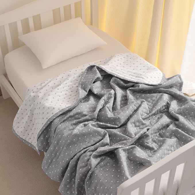 NTBAY 3 Layer Oversized Muslin Toddler Blanket, 45 x 60, Grey Dot | Muslin Cotton Outer Layers with Light Thermal Fiber Fill, Reversible Blanket for Daycare, Travel, Naps, and Supervised Use