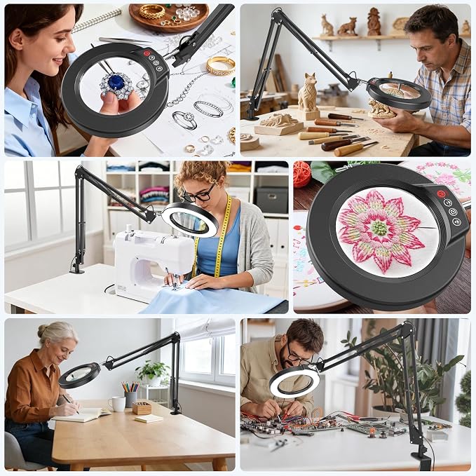 10X Magnifying Glass with Light and Clamp, Real Glass Stand Lighted Magnifier, 2*16 Arm 5 Color Modes Stepless Dimmable LED Desk Lamp Hands Free for Craft Hobby Reading Painting Close Work Large Black