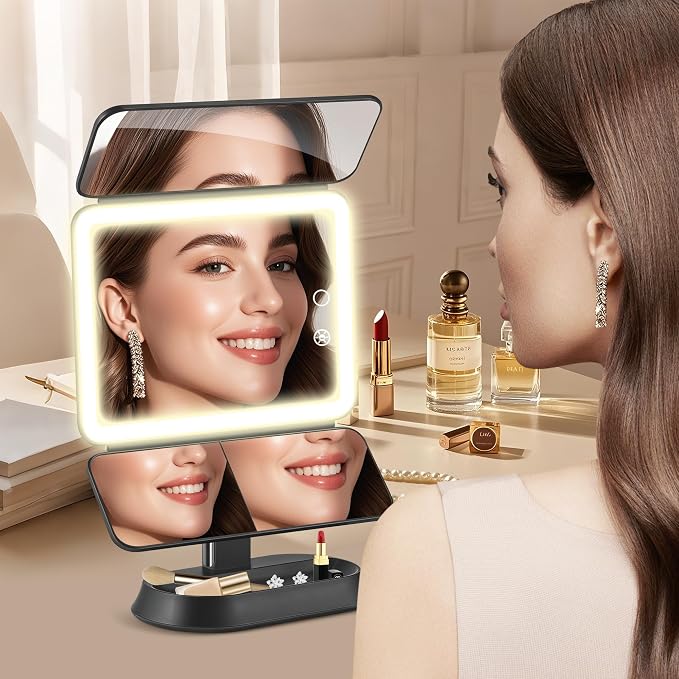 Makeup Mirror with Lights and 30X/10X/5X Magnification, Vanity Mirror with 3 Color Lights, Rechargeable, Detachable, Lighted Makeup Mirror with Magnification, Trifold Mirror, Gifts for Women