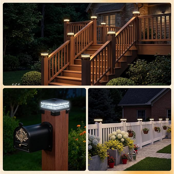 APONUO Solar Post Cap Lights Outdoor, 3 CCT& 2 Brightness Deck Post Lights Solar Powered for 4x4 5x5 6x6 Vinyl Wooden Posts, Waterproof Dusk to Dawn Fence Deck Lights for Patio Garden, Black, 12-Pack
