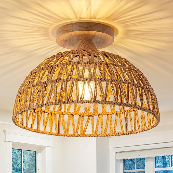 2 Packs Boho Light Rattan Chandelier Ceiling Lighting Fixtures,Boho Lamp Shade Flush Mount Ceiling Light Hand-Woven Small Chandelier for Hallway Bedroom Kitchen Nursery Lights