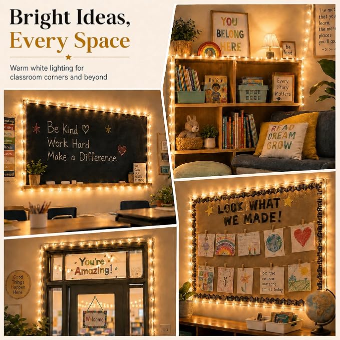 PJT 200 LED Classroom String Lights 66FT Warm White Fairy Lights, Teacher Classroom Decor Plug in Lights with 8 Lighting Modes for Bulletin Board, Reading Corner, Wall, Back to School, Home Decor