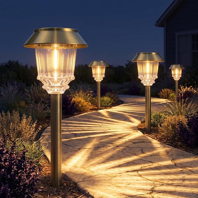 XMCOSY+ Solar Pathway Lights Outdoor, 4 Pack Solar Garden Landscape Lights | Bright 40 LM Adjustable Brightness for 8-12H, Aluminum & Glass Solar Powered, IP65 Metal Outdoor Solar Lighting Walkway Lawn