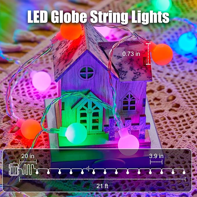 Minetom RGB Globe String Lights - 21FT 60LED Battery Operated with Remote, 20+ Color Modes & Timer, Fairy Lights for Bedroom, Living Room, Classroom, Dorm & Birthday Parties