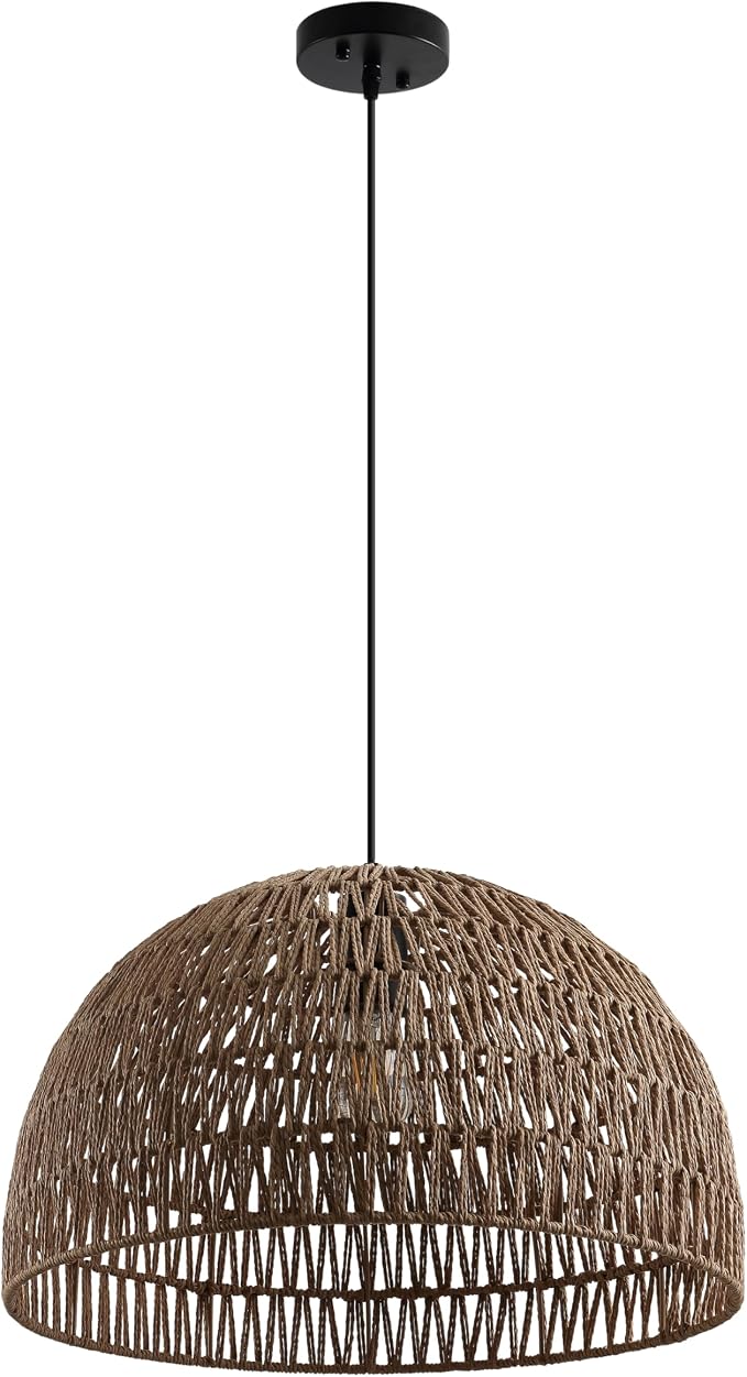 JONATHAN Y Campana 1-Light Pendant Dome Ceiling Lamp, 20", Brown | Modern Coastal Farmhouse Decor, Adjustable Height, Woven Rope Metal Frame, LED Bulb Included, UL Listed