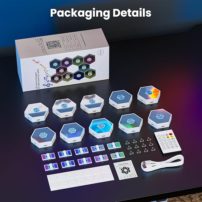 10 Pack Hexagon Led Lights, 90mm Smart Hexagon, Smart App RGB Gaming Led Light, with Remote Control & Music Sync Honeycomb Shape Hexagon Wall Lights for Bedroom, Living Room Wall