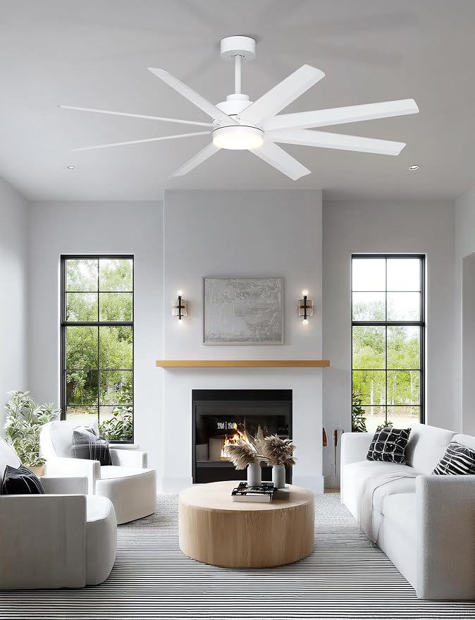 Ohniyou 60" White Ceiling Fan with Light for Patio, Porch, Living Room | Remote/App Control, Quiet DC Motor, 3CCT Dimming, Modern Covered Outdoor Fan with 8 ABS Blades