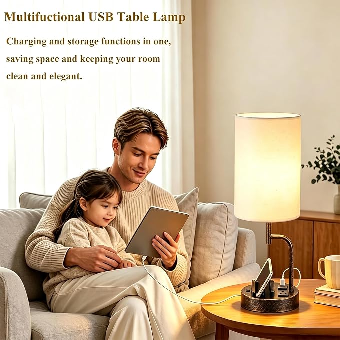 Dreamholder 2 Pack Table Lamp, Bedside Lamp with 3 USB Charging Ports & AC Outlet, USB Desk Lamp with 2 Phone Holders, Linen Fabric Shade Nightstand Lamps for Bedroom Living Room Office, Antique Brass