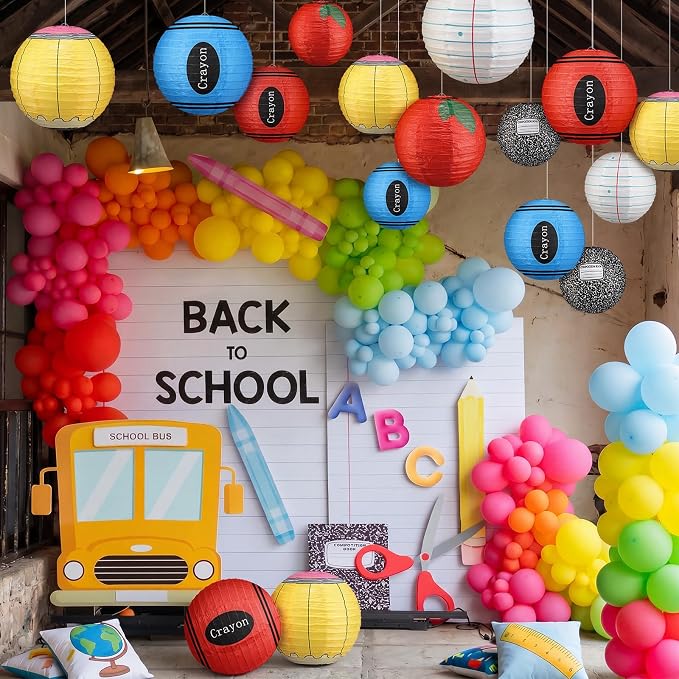 12 Pcs Back to School Classroom Paper Lanterns 10 Inch Classroom Hanging Decoration Composition Notebook Pencil Crayon Apple Lanterns Ceilings for First Day of School Party Supplies