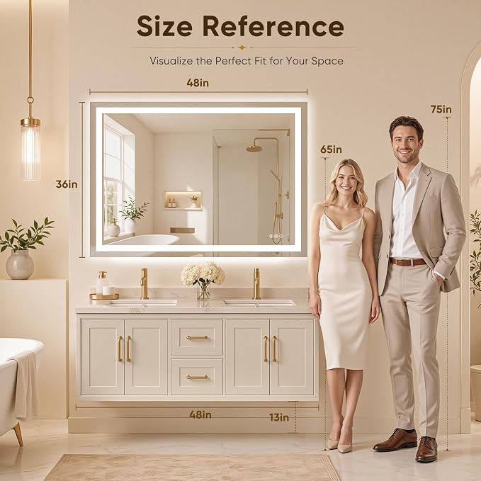 Antok 48x36 LED Bathroom Mirror with Lights, Backlit + Front Lit Vanity Mirror with CRI>90, Dimmable Anti-Fog Smart Mirror with Memory Function, 3 Color Temperatures, Shatterproof Tempered Glass, ETL