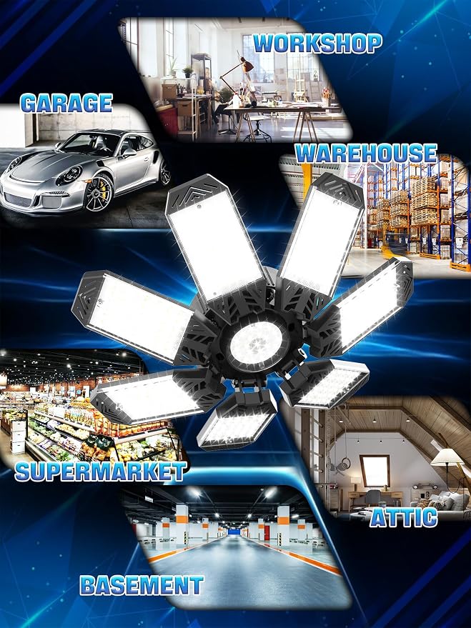 LED Garage Light 200W, 8 Pack 20000LM 6500K Garage Lights Ceiling Led with 7 Deformable Panels, Screw in E26/E27 Socket Shop Light for Workshop Basement Barn Bay Lighting