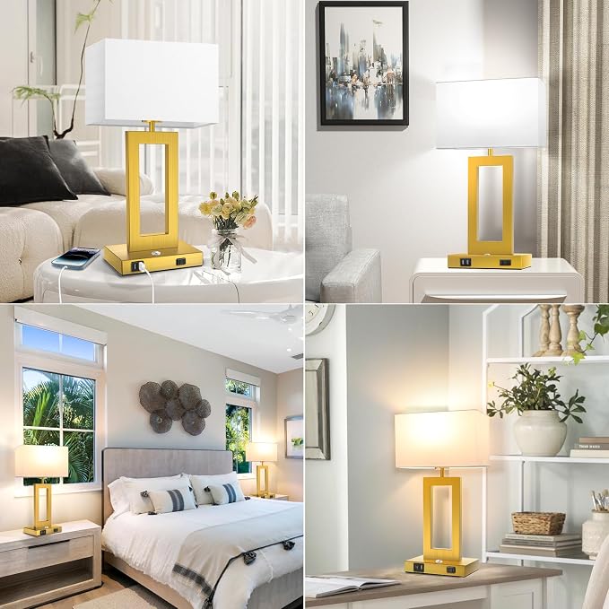 Kondras 3 Color Temperatures Touch Control Table Lamps Set of 2, Stepless Dimmable Bedside Lamps with 2 USB Ports&AC Outlet, Modern Nightstand Lamps for Bedroom Living Room, Bulbs Included, Gold&White