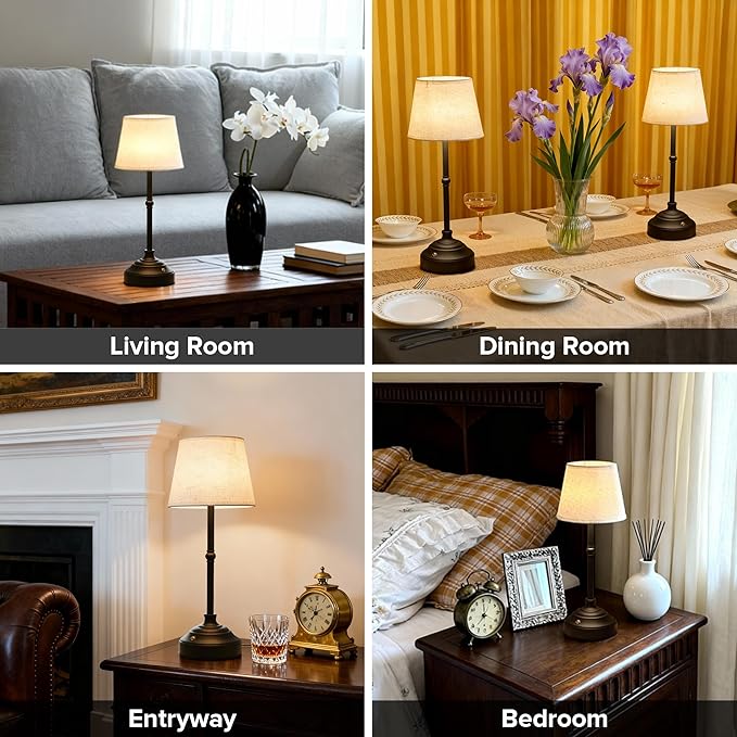 2 Pack Cordless Table Lamp, Rechargeable Desk Lamp with Fabric Shade, Battery Operated 3 Color Stepless Dimming, Small Touch Bedside Lamp Home Decor for Dining, Counter(Matte Black)