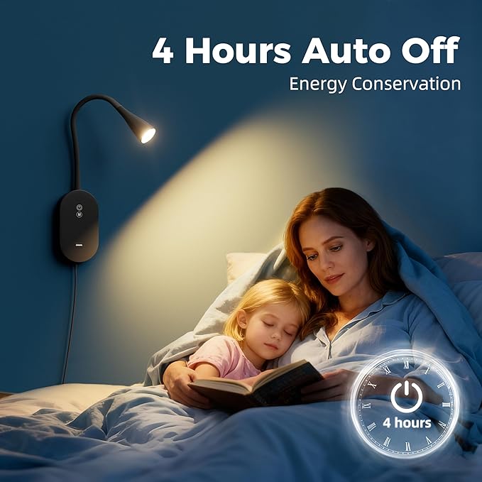 deeloop LED Wall Mount Reading Lamp, CRI 95+ Wall Sconce Light with 10W USB Output,4 Color 5 Dimming Touch Control Wall Lamps with 4 Hours Auto-Off Bed Lighting Spotlight Black