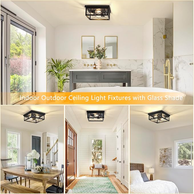 Asnxcju 12" Square Flush Mount Ceiling Light with Clear Glass Shade, 4-Light Farmhouse Outdoor Porch Ceiling Light Fixtures, Black Hallway Light Fixtures Mount for Garage Living Room Foyer