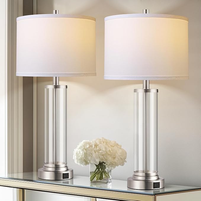 QiMH Touch Control Table Lamps Set of 2 with USB A+C Ports, 3-Way Dimmable Bedside Lamp for Living Room Bedroom House, Modern Nightstand Lamp with 2 LED Bulbs | 2 Dimmable LED Bulbs, USB A+C Charging Ports, Modern Silver Glass Lampshade, Seamless Dimmi...