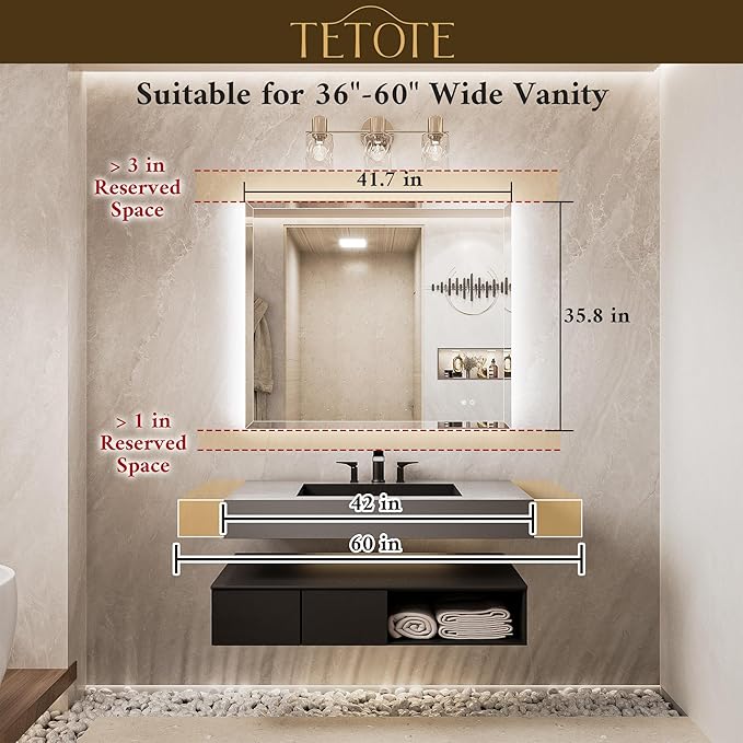 TETOTE 42 x 36 LED Mirror Backlit, Beveled Bathroom Mirror with Backlight, Tempered Glass, 3 Colors Lights, Defogger, Adjustable Brightness, Memory Function, Lighted Mirrors for Bathroom Wall