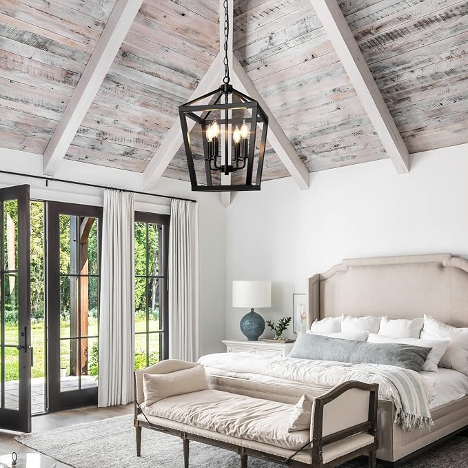 BrightHome Farmhouse Chandelier 4-Light, Black Pendant Light Fixture Ceiling Hanging for Kitchen Island Dining Room, Lantern Industrial Lighting with Metal Cage Adjustable Height for Entryway Foyer | Industrial Kitchen Lantern chandelier Over Table, Pe...