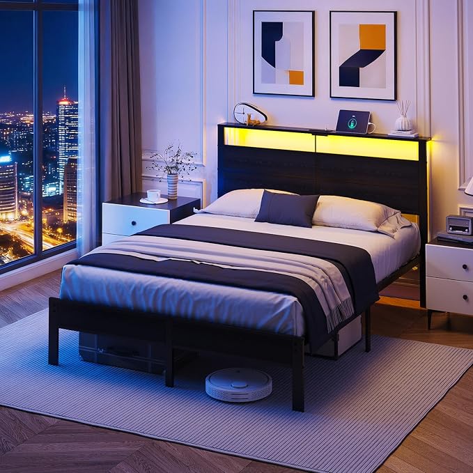 Queen Size Bed Frame with LED Lights and Charging Station Headboard | Black Metal Platform Bed, Storage Shelf, USB+Type C, Noise Free, No Box Spring Needed, Easy Assembly