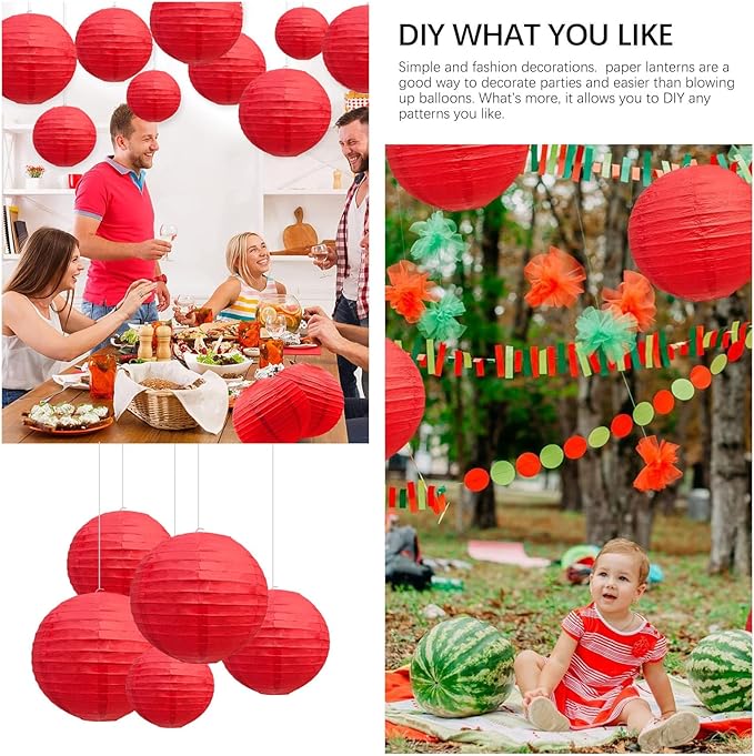20Pcs Red Paper Lanterns for Parties, 6” 8” 10” 12” Chinese Asian Hanging Round Paper Lanterns for Birthday Wedding Halloween Christmas Home Decor Party Decor