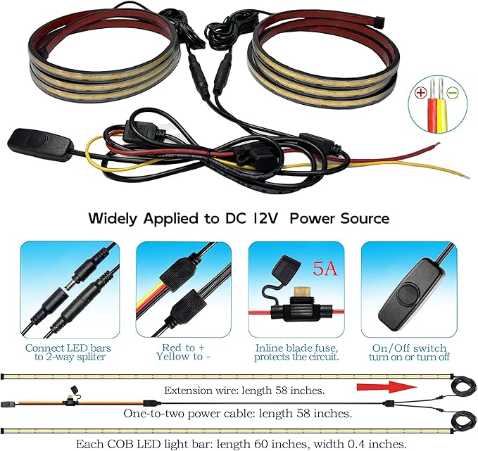 LED Truck Bed Lights, 60 Inches, 2 Pack, COB 1584 LEDs, White 6500K,12V, 30W, IP67, with Switch, 5A Fuse Holder, Easy Install, Ideal for Truck Cargo Lighting, Pickup Truck SUV RV Boat
