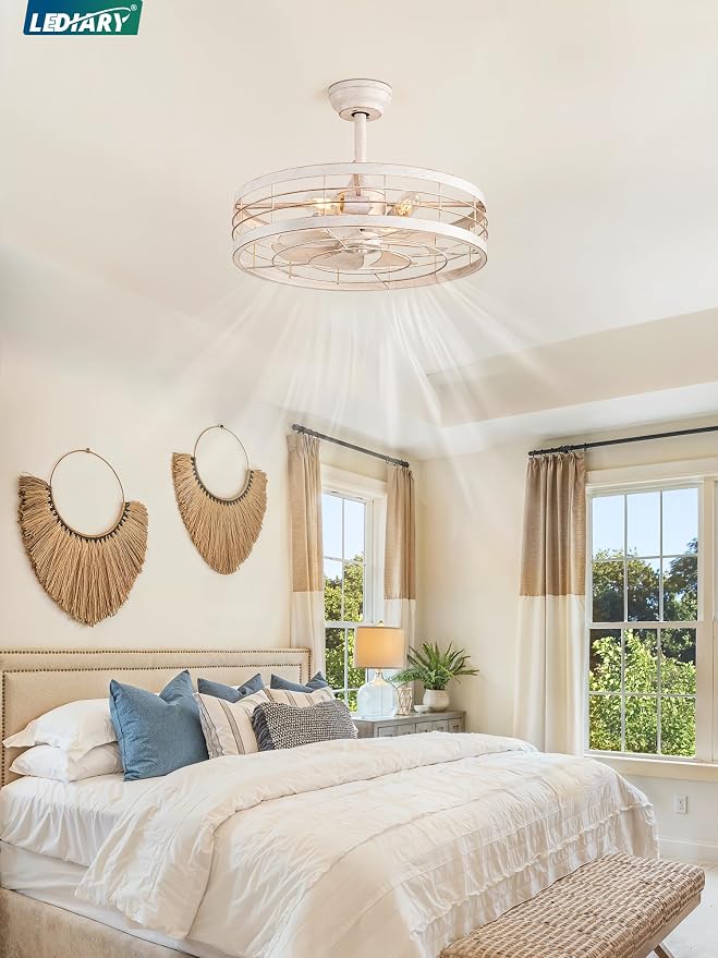 LEDIARY 22 inch Caged Bladeless Ceiling Fan Light with Remote, White Gold | 6 Speed Adjustable,Timing, Quiet & Powerful DC, Small, Farmhouse, Industrial, Enclosed, Bladeless, Bedroom, Kitchen, Downrod