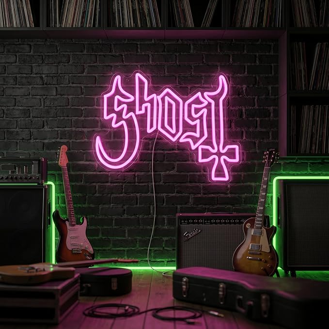 Ghost Neon Sign, Pink Neon Sign,Music Decor | Acrylic, Wall Mount, Gaming Theme, Contemporary Style, 12.2x16.5IN