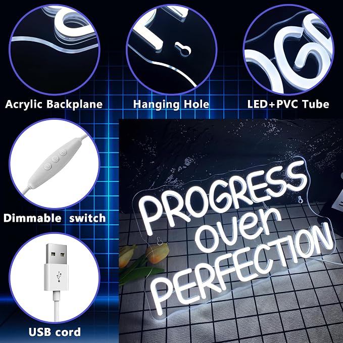 Progress Over Perfection Neon Sign, LED Dimmable Inspirational Classroom Positive Neon Sign, USB Powered for Motivational Classroom Decor Positive Affirmation Mental Office(15.7 * 9 in)
