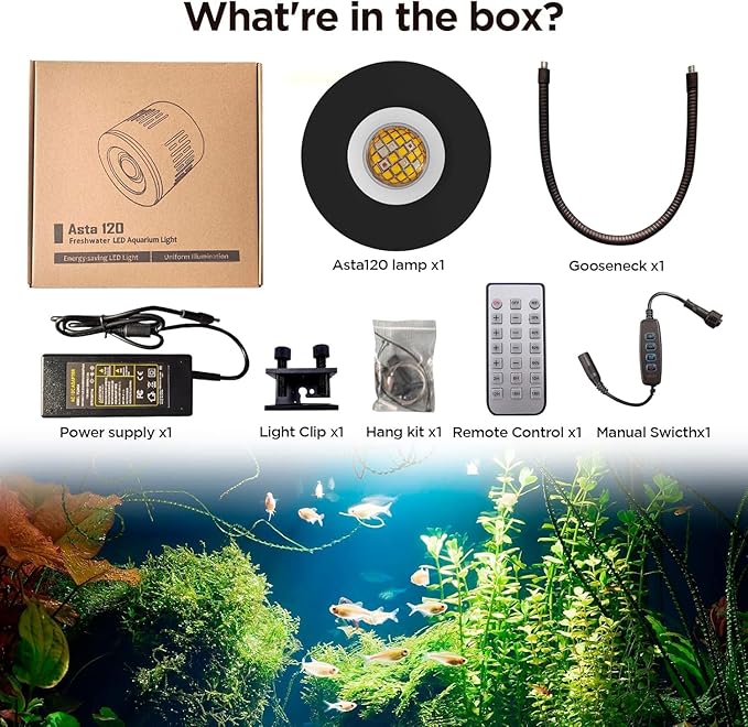 Lominie 80W LED Aquarium Light with Dimmer Remote, Full Spectrum Planted Tank Light for Freshwater Aquarium, Clip-On Fish Tank Lamp with 360° Gooseneck for 10-20 Gallon Refugium Cube Tank