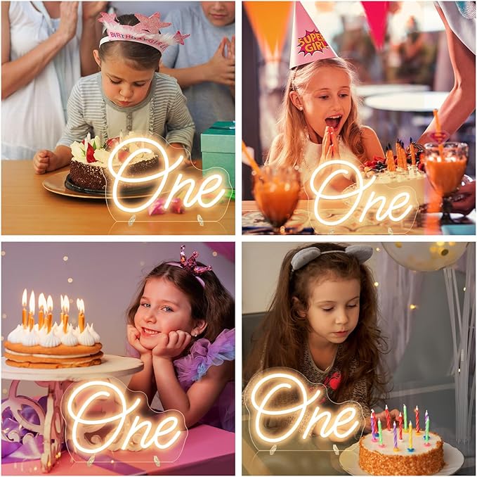 One Neon Sign for First Birthday LED Signs Warm White One Year Old Birthday Table Number Neon Lights Lamp for Home Birthday Party Decor Bedroom Decorations Christmas Gift 30cm*21cm