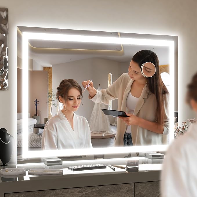ROLOVE 38"x28" Inch Large Lighted Vanity Mirror, 3-Color Lighting & Dimmable Modes, LED Makeup Mirror for Bathroom/Dressing Room (Wall/Tabletop Mount, White)